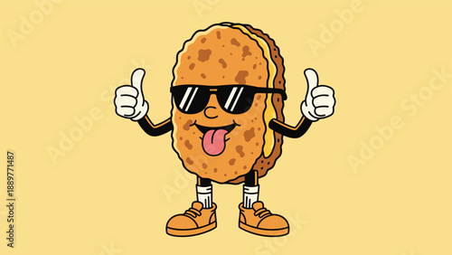 Funny cartoon character of a breaded chicken nugget wearing cool sunglasses and giving two thumbs up on a yellow background.