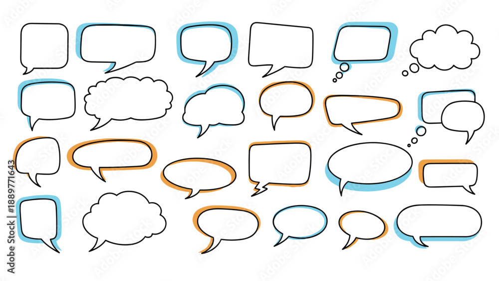 Fototapeta premium Extensive collection of simple hand-drawn speech and thought bubbles with light blue and orange drop shadows for comic art.