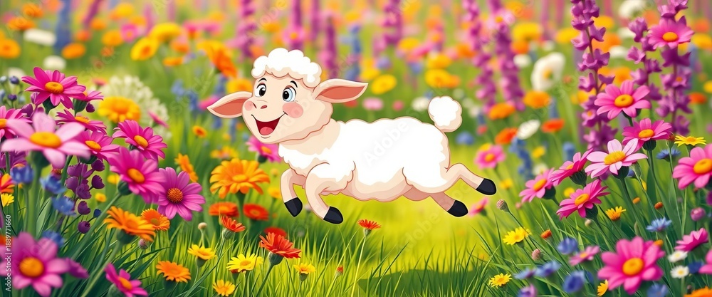 Fototapeta premium Joyful cartoon sheep leaps through vibrant wildflowers, vibrant, flowers
