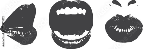 Striking black and white studio shot capturing various glossy, sensual lip expressions and a hint of nose