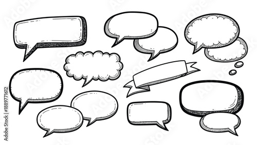 Collection of hand-drawn sketch-style speech bubbles and a ribbon banner with cross-hatching shadows on a plain white surface.