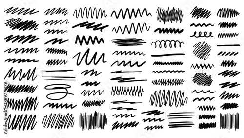 Huge variety of hand-drawn black ink scribble lines and zigzags and wavy stroke patterns for texture and graphic design elements.