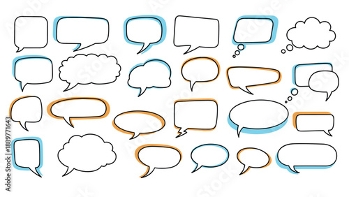 Extensive collection of simple hand-drawn speech and thought bubbles with light blue and orange drop shadows for comic art.