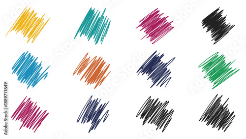 Collection of colorful hand-drawn diagonal pen strokes and marker scribbles arranged in a neat grid on a white background.