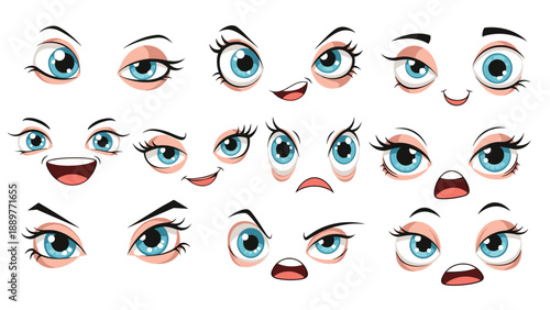 Various anime style female eyes with blue irises showing a range of facial expressions including joy, anger, and surprise.