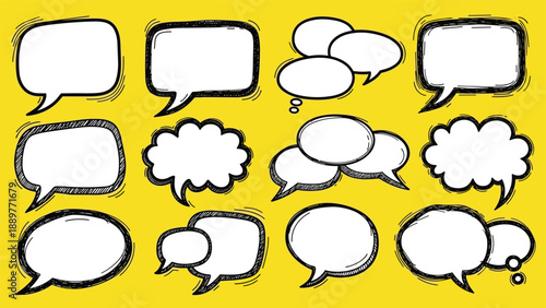Set of hand-drawn empty speech and thought bubbles with rough black outlines isolated on a bright yellow background space.