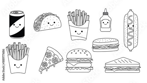 Cute fast food icons in black and white outline style featuring pizza, burger, fries, and taco with friendly smiling faces.