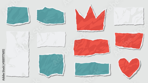 Scraps of torn paper in red, white, and blue colors including creative shapes like a crown and a heart on a gray background.