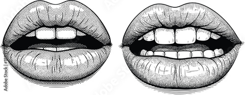 Close-up black and white illustration of full lips speaking or expressing emotion, with detailed shading.