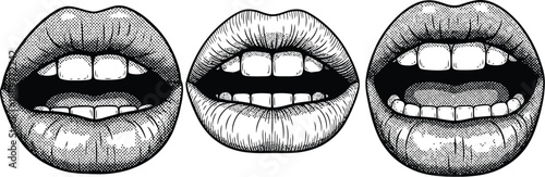 Set of three detailed black and white illustrations of women's lips open, suggesting speech or expression.