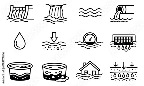 Hand drawn line art water icons set featuring dam, waterfall, floods, and drainage for environmental themes