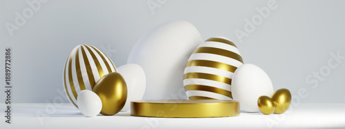 Round golden stage and Easter eggs on white background. Vector realistic illustration of luxury holiday card decoration, sale presentation with platform for product or discount icon, festive banner