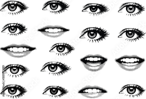 Pop Art Eyes and Mouths Collection: Black and White Halftone Style Facial Feature Elements