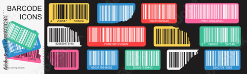 Colorful barcode icon set with rounded stickers and torn label shapes. Fake product tags with numbers for product scanning and identification.