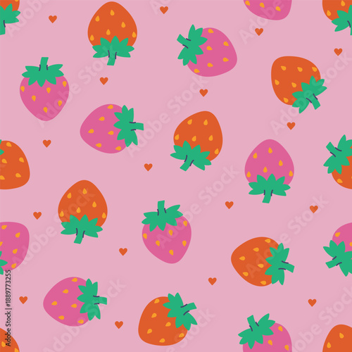 A simple seamless pattern with strawberries and hearts. Vector graphics.