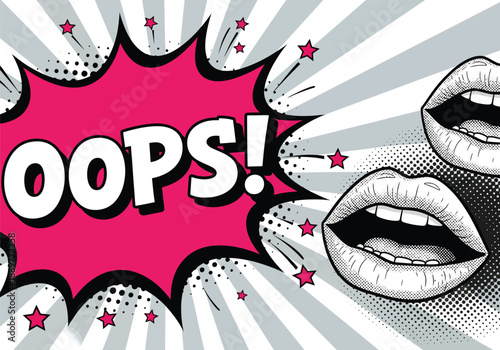 Dynamic pop art illustration depicting 'OOPS!' with expressive lips and comic-style rays, ideal for expressing a minor mishap.