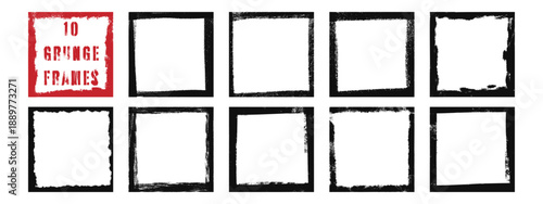 Grunge square photo frames set. Distressed black borders with rough edges. Vintage dirty texture frame collection for posters and social media.