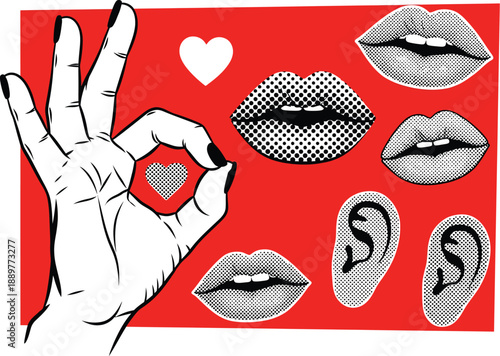 Stylized graphic with a hand making the 'OK' gesture, lips, hearts, and ears on a red background, suggesting approval or good communication.