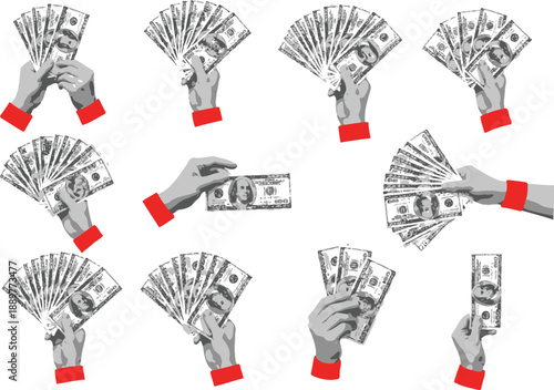 Series of hands displaying US dollar bills in a fan shape, accented with red wristbands, representing financial concepts and prosperity.