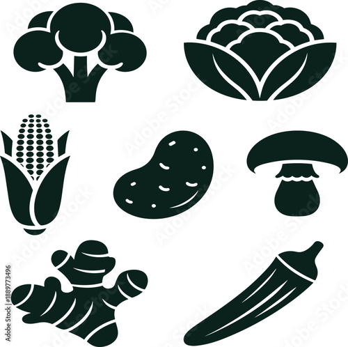Black and white of various vegetables and mushrooms