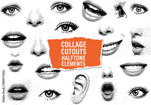 Collage of Vintage Halftone Cutout Faces: Eyes, Noses, and Mouths in Black and White for Graphic Design