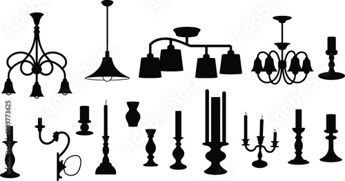 Chandelier and candlestick silhouettes collection featuring vintage, classic and modern lighting fixtures, elegant interior decor icons in black isolated on white background illustration