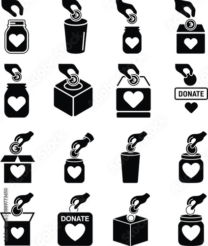 Charity donation silhouettes set featuring hands placing coins into boxes, heart symbols and support concepts, nonprofit giving icons isolated on white background illustration