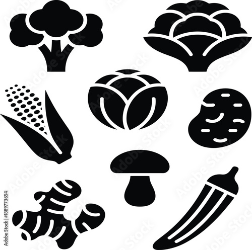 Black and white of various vegetables and mushrooms 1