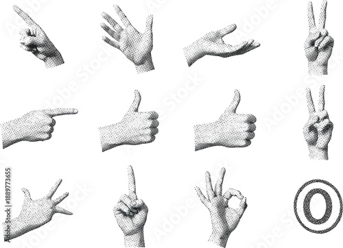 Set of Vintage Halftone Hands Gestures: Pointing, Thumbs Up, Peace Sign, OK, and Counting