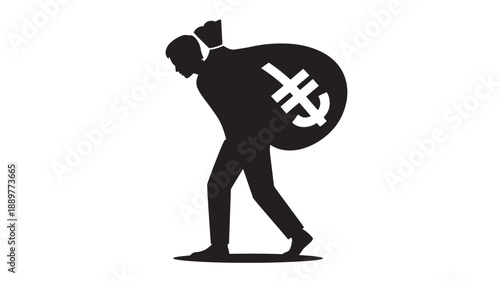 Man carrying yen symbol sack in silhouette style with dramatic lighting on white background for finance