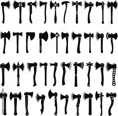 Axe silhouettes collection showing different hatchets and battle axes, sharp cutting tools for woodwork, forestry, survival and weapon design isolated on white background