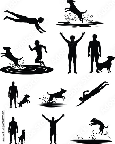 Dog and human activity silhouettes set featuring training, play, jumping, swimming and companionship moments, outdoor pet lifestyle scenes, black icons isolated on white background