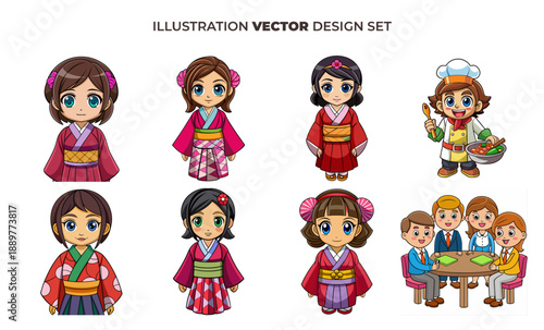 Colorful Anime Style Girls in Traditional Kimono Outfits and a Chef Character