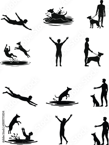 Dog training and play silhouettes set showing human interaction, obedience, jumping, swimming and outdoor activities with pets, black icons isolated on white background