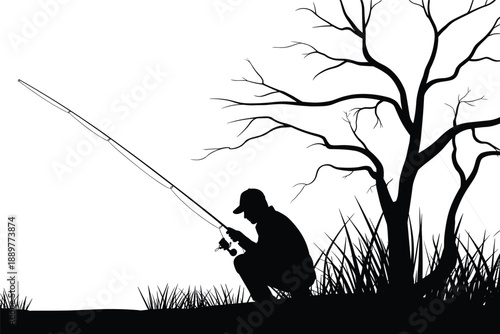 Fishing silhouette scene showing angler by lake with rod, tree and grass landscape, peaceful outdoor nature leisure activity, black illustration isolated on white background