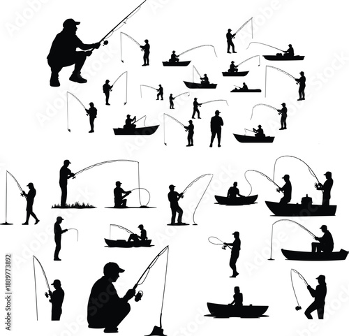 Fishing silhouettes collection showing anglers casting rods from shore and boats, outdoor sport and leisure activities, black figures isolated on white background illustration