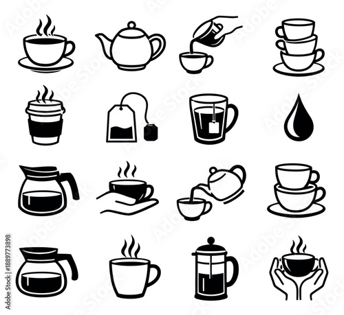 Line art hot beverage icon set featuring coffee and tea items for cafe menus