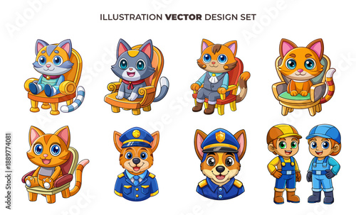 Cute Cartoon Animal Characters Sitting on Chairs in Various Styles