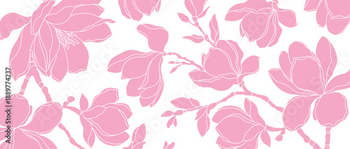 Floral background with a pattern of pink magnolia flowers on a white background. Vector illustration for card, banner, print, cover, wedding invitation, packaging