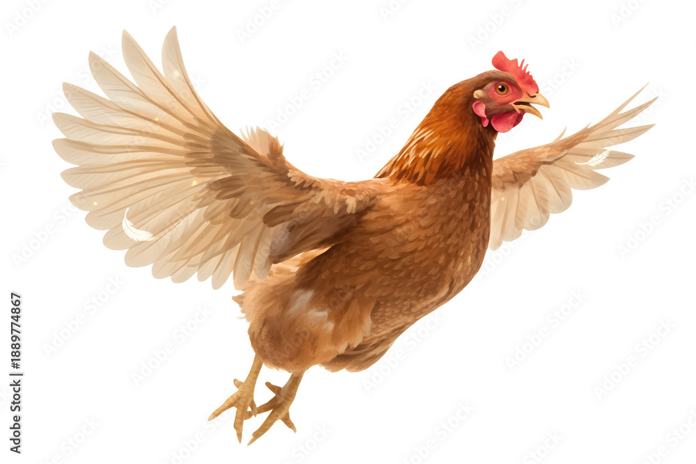 Fototapeta premium Rhode Island Red Hen in Flight – High-Resolution Studio Photograph of Flying Chicken
