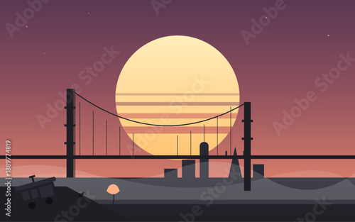 Golden Gate Bridge Sunset Illustration – Minimalist Vector Art of San Francisco Landmark with Retro Sun, Suspension Bridge Silhouette, Scenic Bay View, Modern Flat Design Landscape