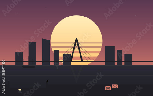 Leonard P. Zakim Bunker Hill Bridge Sunset Illustration – Minimalist Vector Art of Boston Skyline with Iconic Cable-Stayed Bridge, Retro Sun, Modern Flat Design Cityscape