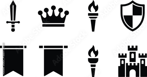 Black and white medieval symbols and set sword