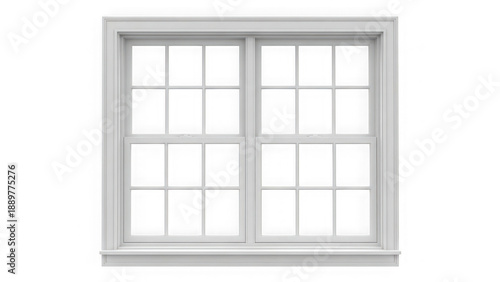 Classic white double hung multi pane wooden window frame isolated on transparent background