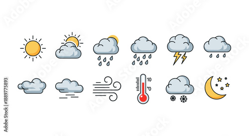 Weather icons set with sun, clouds, rain, and temperature symbol  