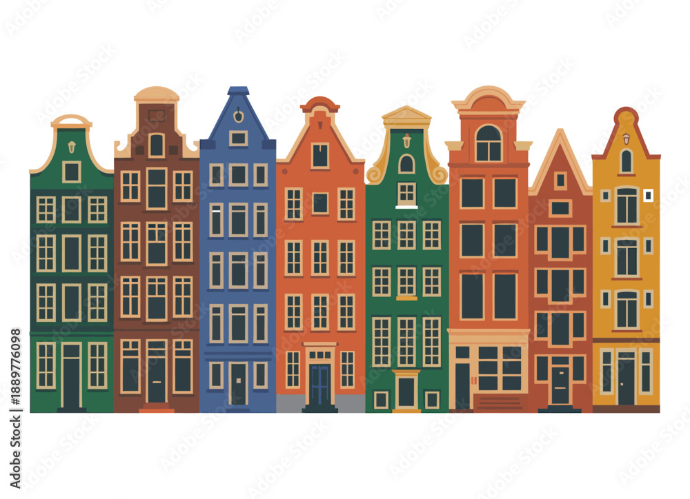 Fototapeta premium A row of colorful buildings with unique architecture stands against a white background.