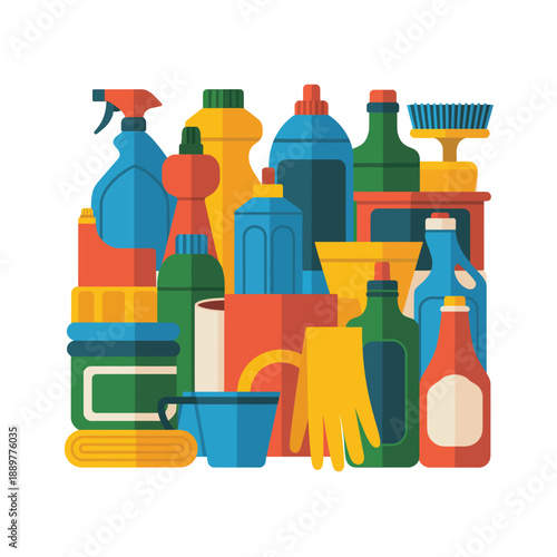A colorful collection of cleaning supplies and household products on a white background