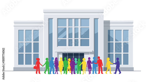 Illustration of diverse people holding hands in front of a building for International Day of Elimination of Racial Discrimination and Anti-racism awareness with a colorful and educational mood.