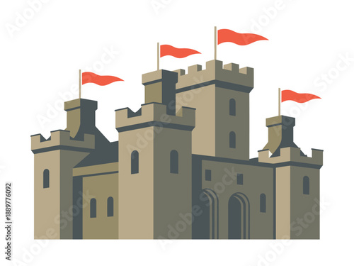 A medieval castle with towers and flags on a white background