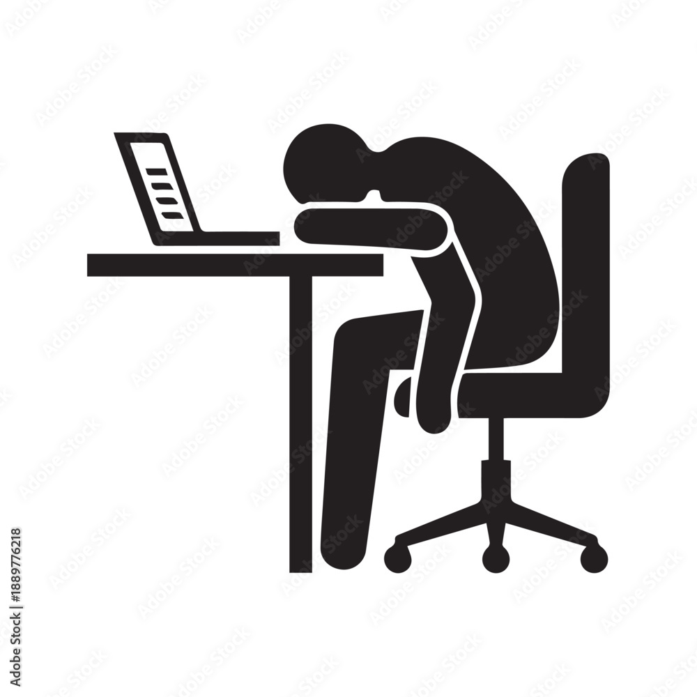 Fototapeta premium Tired Employee Sleeping on Desk with Laptop Stick Figure Icon Burnout Concept Illustration 